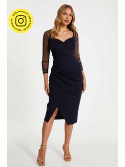 Quiz Clothing - Navy Blue Scuba Crepe Sweetheart Bodycon Midi Dress with Mesh Polka Dot Sleeves