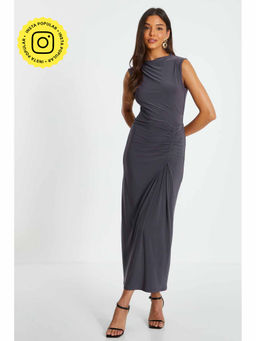 Quiz Clothing - Charcoal Sleeveless Inter Lock Yarn Ruched Maxi Dress