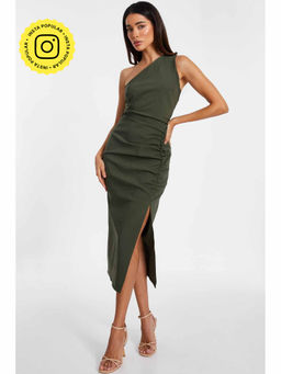 Quiz Clothing - Olive Asymmetric Ruched Detail Midi Dress