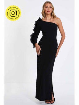 Quiz Clothing - Black Scuba Crepe One Shoulder Trim Maxi Dress