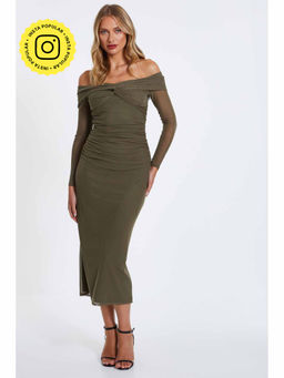 Quiz Clothing - Olive Mesh Twist Front Midi Dress