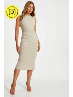 Quiz Clothing - Beige Round Neck Ruched Waist Midi Dress