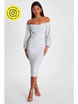 Quiz Clothing - Silver Stretch Shimmer Midi Dress