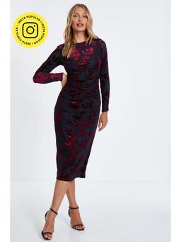 Quiz Clothing - Red Berry Floral Devore Long Sleeve Midi Dress