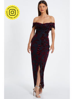 Quiz Clothing - Red Berry Floral Devore Bardot Maxi Dress