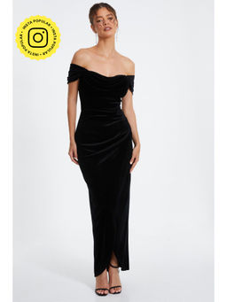 Quiz Clothing - Black Velvet Solid Bardot Maxi Dress