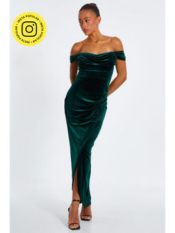 Quiz Clothing - Bottle Green Velvet Solid Bardot Maxi Dress