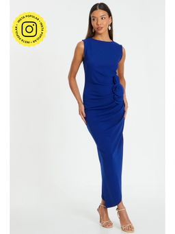 Quiz Clothing - Royal Blue Scuba Crepe Boat Neck Ruched Floral Asymmetric Maxi Dress