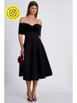 Quiz Clothing - Black Velvet and Scuba Foam Bardot Skater Midi Dress