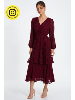Quiz Clothing - Red Berry Jacquard Tiered Midi Dress with Belt (Set of 2)