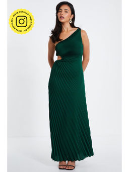 Quiz Clothing - Dark Green Satin Pleated One Shoulder Maxi Dress