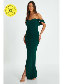 Quiz Clothing - Bottle Green Scuba Crepe Bardot Cross Wrap Maxi Dress