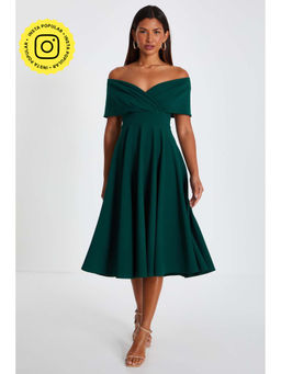 Quiz Clothing - Bottle Green Scuba Crepe Bardot Skater Midi Dress