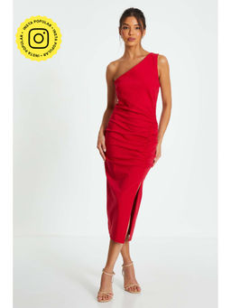 Quiz Clothing - Red One-Shoulder Ruched Split Midaxi Dress