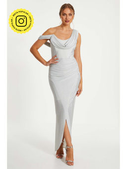 Quiz Clothing - Silver Stretch Shimmer Cowl Wrap Maxi Dress