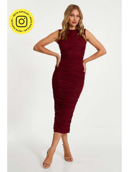 Quiz Clothing - Berry Mesh Center Front Ruched Midi Dress