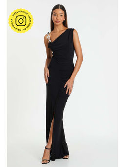 Quiz Clothing - Black Diamante Trim Ruched Maxi Dress