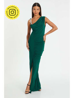 Quiz Clothing - Bottle Green Diamante Trim Ruched Maxi Dress