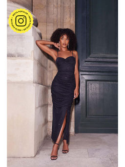 Quiz Clothing - Black Mesh Stud Strap Knot Front Maxi Dress