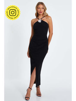 Quiz Clothing - Black Scuba Crepe Diamante Corsage Halter Neck Maxi Dress Dress