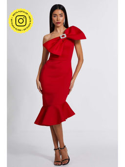 Quiz Clothing - Red Scuba One Shoulder Bow Frill Midi Dress