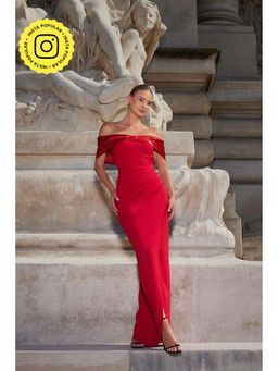 Quiz Clothing - Red Scuba Crepe Satin Bardot Ruched Maxi Dress