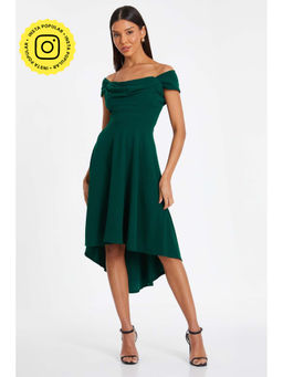 Quiz Clothing - Bottle Green Scuba Crepe Bardot Dip Knee Length Dress