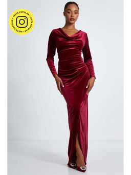 Quiz Clothing - Berry Velvet Cowl Long Sleeve Maxi Dress