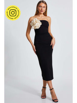 Quiz Clothing - Black Scuba Crepe Floral Ruched Midi Dress