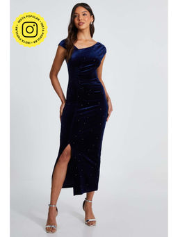 Quiz Clothing - Navy Studded Velvet Short Sleeve Midi Dress
