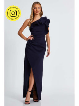 Quiz Clothing - Navy One Shoulder Ruffle Wrap Maxi Dress