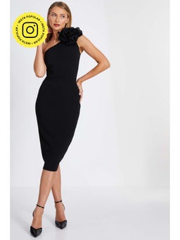 Quiz Clothing - Black Asymmetric Corsage Scuba Crepe Midi Dress