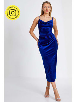 Quiz Clothing - Royal Blue Velvet Strappy Cowl Ruched Waist Midi Dress