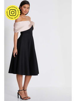 Quiz Clothing - Black Scuba Satin Bardot Midi Skater Dress