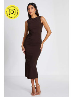Quiz Clothing - Brown Round Neck Ruched Waist Midi Dress