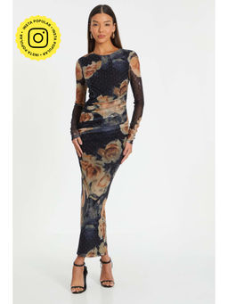 Quiz Clothing - Black Floral Rhinestone Mesh Round Neck Maxi Dress Dress
