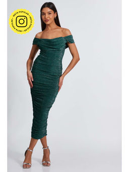 Quiz Clothing - Bottle Green Shimmer Bardot Ruched Midi Dress