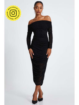 Quiz Clothing - Black Mesh Studded Bardot Long Sleeve Midi Dress
