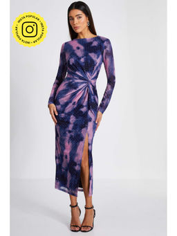 Quiz Clothing - Navy Marble Hotfix Mesh Knot Front Midi Dress