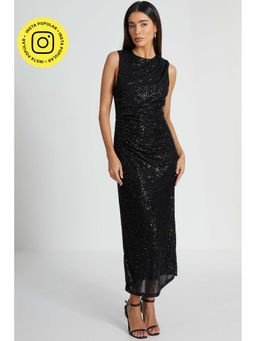 Quiz Clothing - Black Round Neck Sleeveless Sequin Maxi Ruched Side Dress