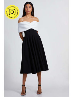 Quiz Clothing - Black Off Shoulder Bardot White Contrast Midi Skater Dress