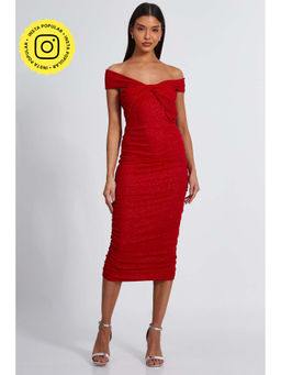 Quiz Clothing - Red Glitter Mesh Twist Front Bardot Midi Dress