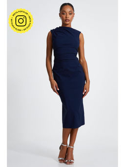 Quiz Clothing - Blue High Neck Ruched Sleeveless Bodycon Midi Dress
