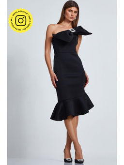 Quiz Clothing - Black One-Shoulder Sleevless Peplum with Front Bow Detail Midi Dress