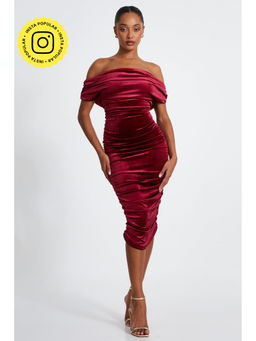 Quiz Clothing - Burgundy Off- Shoulder Ruched Bodycon Midi Dress