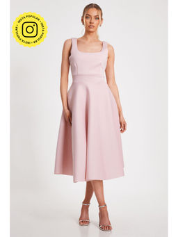 Quiz Clothing - Pink Square Neck Sleeveless Pleated Midi Skater Dress