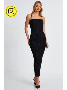 Quiz Clothing - Black 3D Flower Design Square Neck Sleeveless Maxi Dress