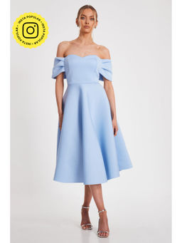 Quiz Clothing - Blue Off- Shoulder Pleated Skater Midi Dress