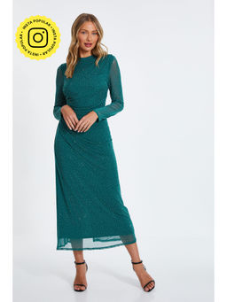 Quiz Clothing - Green Rhinestone Mesh Ruched Long Sleeves Round Neck Midi Dress