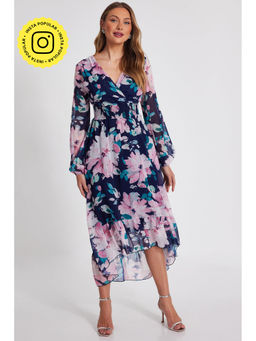 Quiz Clothing - Multicolor Floral Chiffon V-Neck Long Sleeve Midi Dress